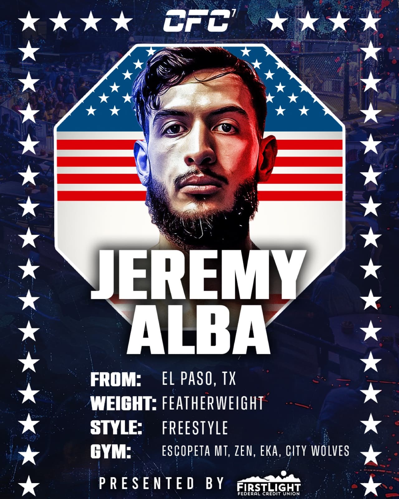 Jeremy Alba fighter stat card, CFC7